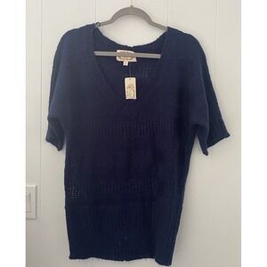Ambiance Apparel Navy Blue v-neck Knit SWEATER  3/4 sleeve Sz Large Lightweight